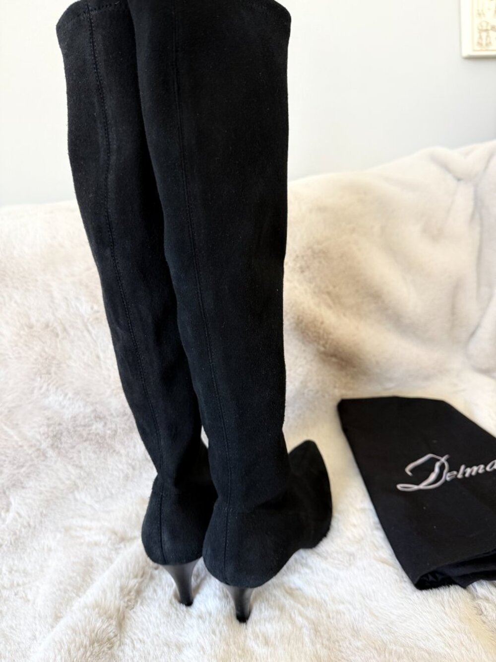 Worn Once! Delman Black Suede Knee-High Boots with Pointed Toe - Picture 3 of 13